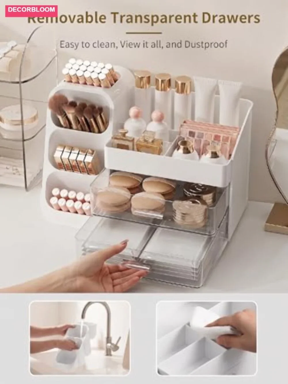 Large Capacity Makeup Organizer with Acrylic Drawer for Vanity
